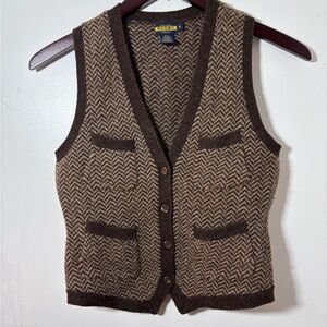 Ralph Lauren RUGBY Lambswool Herringbone Vest Small Brown Wool Academic Preppy